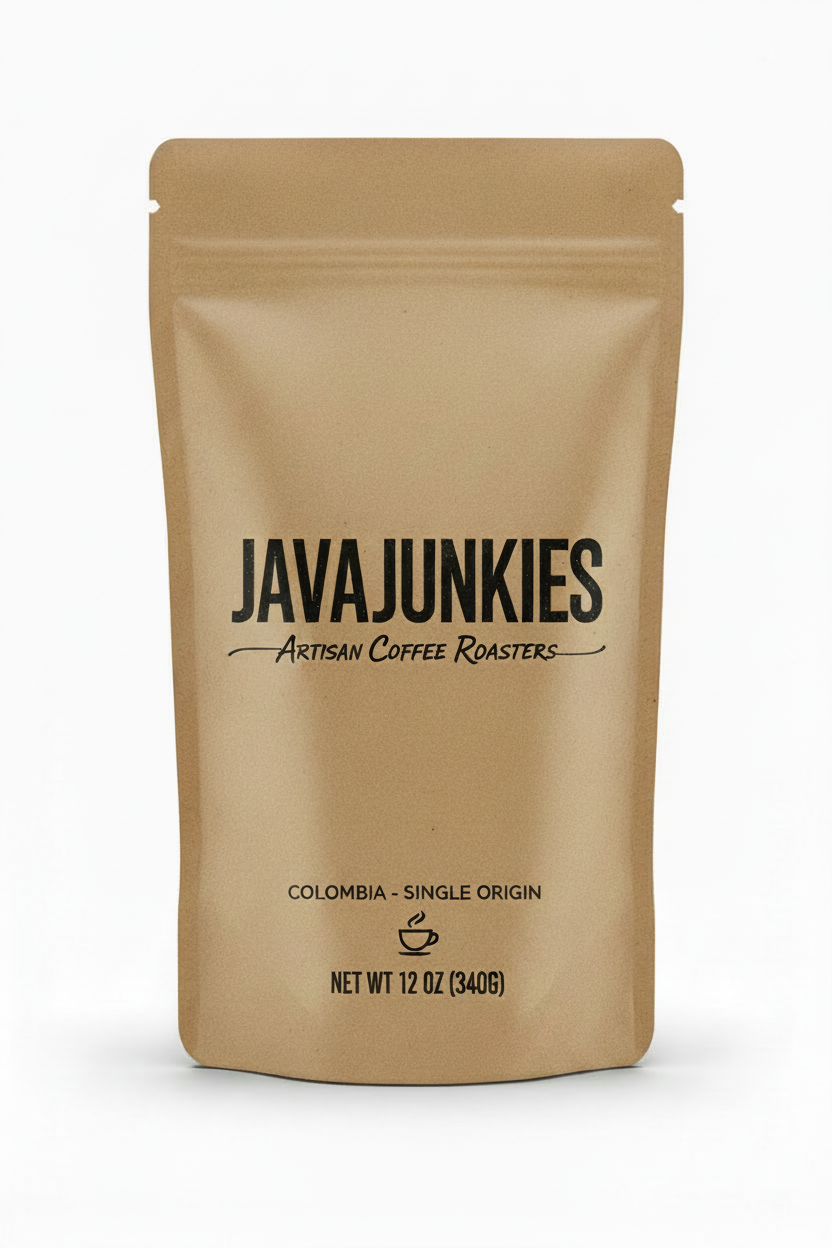 JavaJunkies Coffee — bold black lettering on kraft brown paper packaging