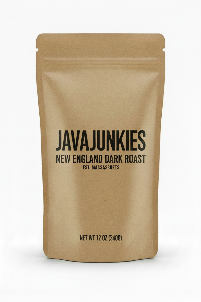 JavaJunkies New England Dark Roast — bold black lettering on kraft brown paper packaging
