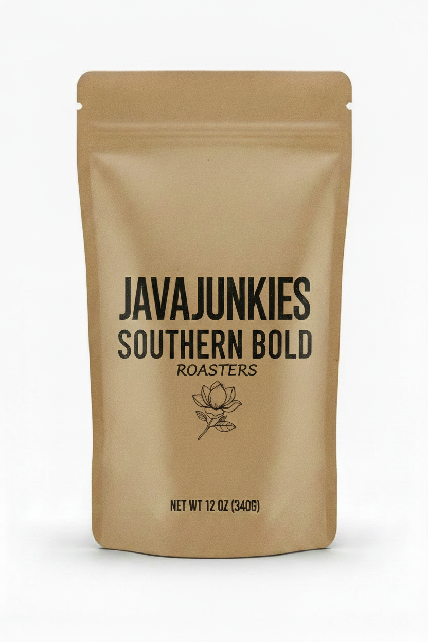JavaJunkies Southern Bold — bold black lettering on kraft brown paper packaging