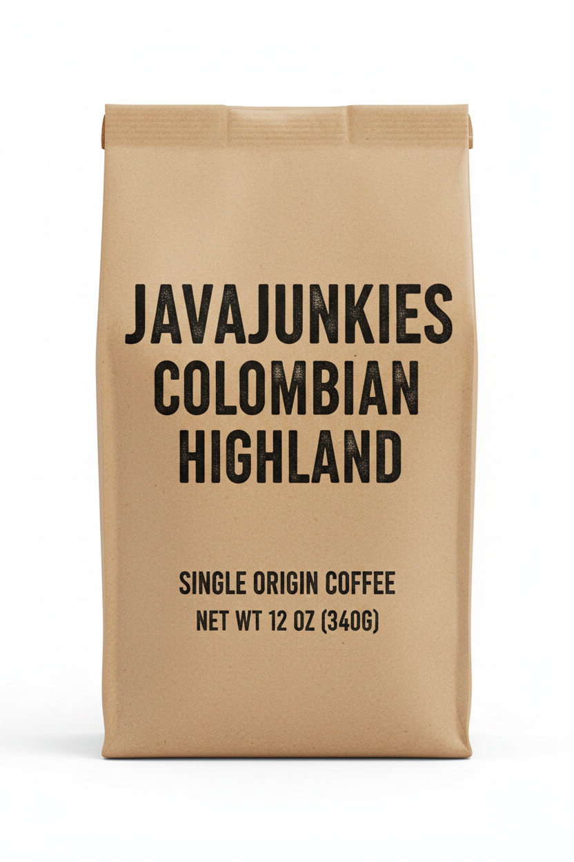 JavaJunkies Colombian Highland — bold black lettering on kraft brown paper packaging